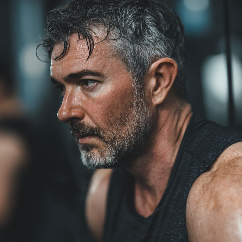 Чоловік виконує силові вправи в спортзалі, концентрація та зосередженість на обличчі